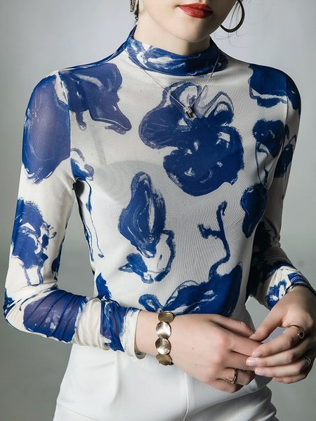 

Urban Regular Fit Stand Collar Floral T-Shirt, Blue, Tees
