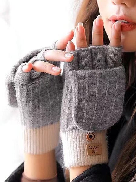 

Contrast Color Stitching Button Flap Cotton Blend Fleece Warm Gloves, Gray, Women Gloves