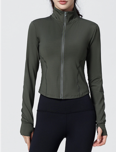 

Long Sleeve Plain Zipper Regular Micro-Elasticity Regular Fit Jacket For Women, Army green, Jackets