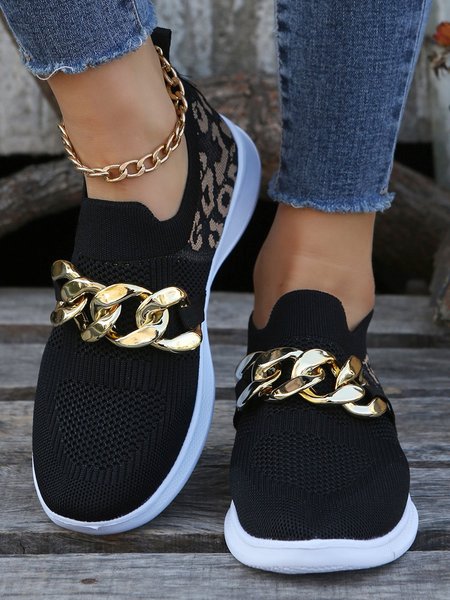 

Chain Decor Leopard Breathable Slip On Flyknit Sneakers, Black, Sneakers