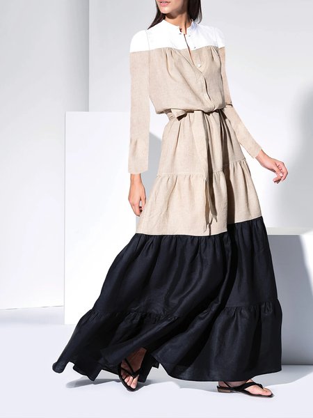 

Vacation Stand Collar Long Sleeve Dress With Belt, Black, Maxi Dresses