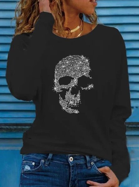 

Women's Casual Skull Graphic Round Neck Long Sleeve T-Shirt Urban Commuting, Black, T-Shirts