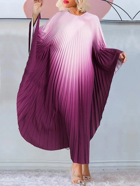 

Elegant Loose Pleated Crew Neck Ombre Dress, Purple, Maxi Dresses