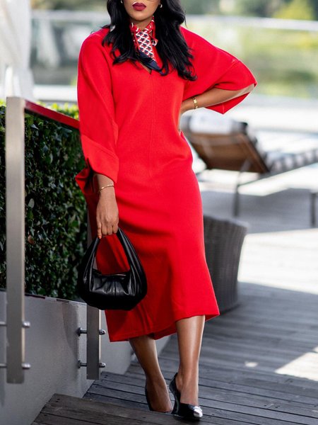 

Simple Plain Urban Loose Long Sleeve Dress, Red, Maxi Dresses