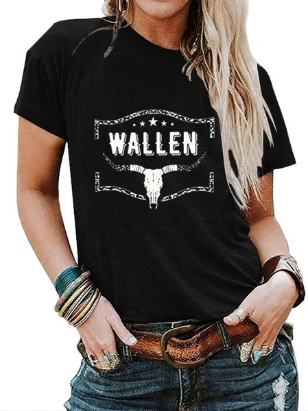 

Women's Casual Western Bull Head Lettering Round Neck Short Sleeve T-Shirt, Black, T-Shirts