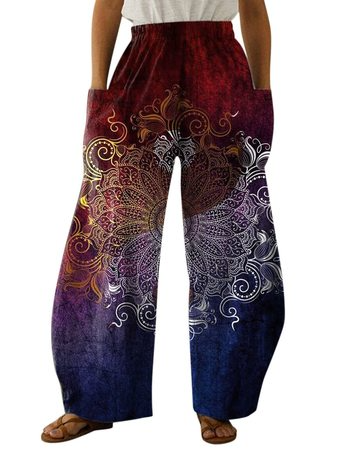 

Loose Ethnic Casual Pocket Stitching Pants, As picture, Pants