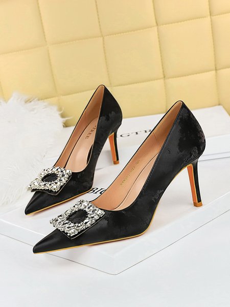 

Square Rhinestone Decor Abstract Print Stiletto Heel Shallow Pumps, Black, Heels