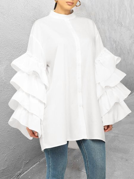

Ruffled Sleeves Plain Shirt Collar Urban Loose Blouse, White, Blouses and Shirts