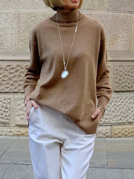 

Yarn/Wool Yarn Regular Fit Casual Plain Sweater, Brown, Pullovers