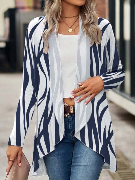 

Lapel Collar Casual Geometric Loose Kimono, Blue, Cardigans