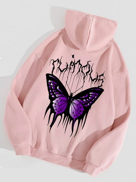 

Regular Sleeve Printing Butterfly Text Letters Street Hoodie, Pink, Sweatshirts & Hoodies