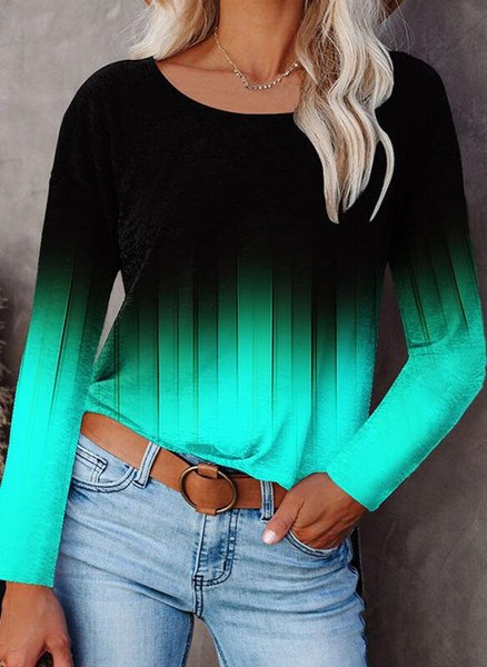 

Women's Casual Ombre Stripe Long Sleeve T-Shirt Urban Commuting, Blue, T-Shirts