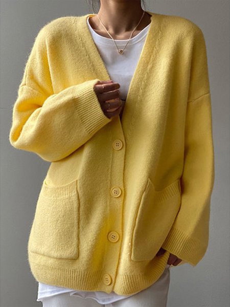 

Casual V Neck Buttoned Cardigan, Yellow, Sweaters