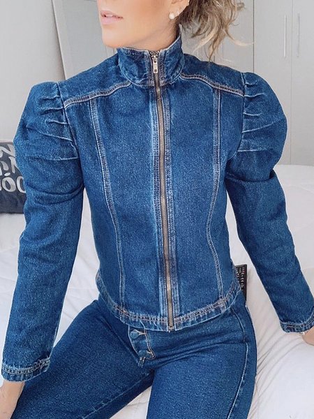 Long Sleeve Casual Stand Collar Denim Denim Jacket, Blue, Jackets