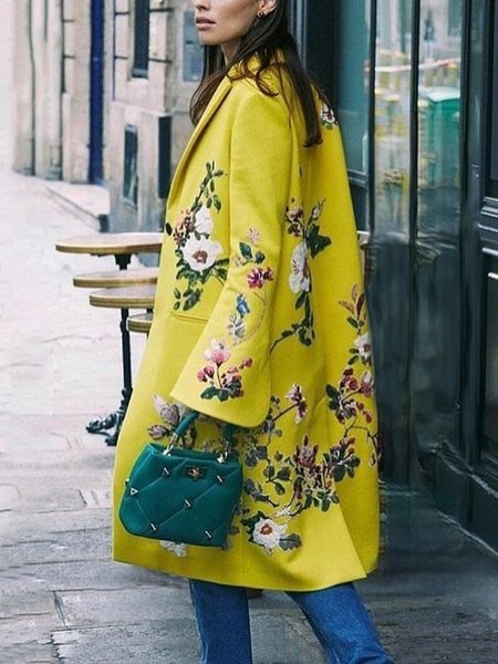 

Floral Urban Lapel Collar Loose Long Sleeve Coat, Yellow, Coats