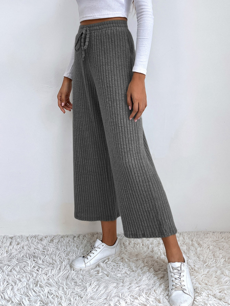 

Casual Plain Cotton Loose Solid Knotted Wide Leg Pants, Gray, Pants