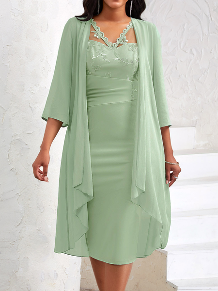 

Elegant Regular Fit V Neck Plain Two-Piece Set, Green, Suit Set