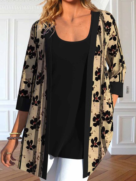 

Casual Floral Loose Crew Neck Two-Piece Set, Khaki, Suit Set