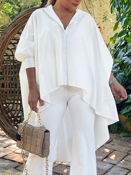 

Urban Plain Shirt Collar Loose Asymmetrical Blouse, White, Blouses and Shirts