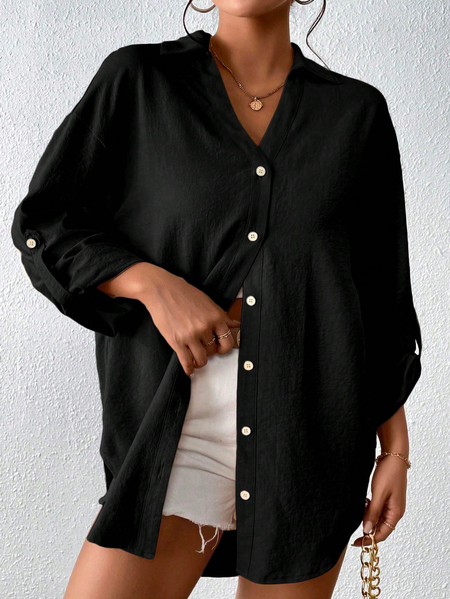 

Shirt Collar Plain Casual Loose Roll Tab Sleeve Button Front Shirt, Black, Shirts & Blouses