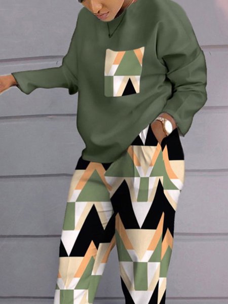 

Loose Crew Neck Geometric Casual T-Shirt, Green, Tees