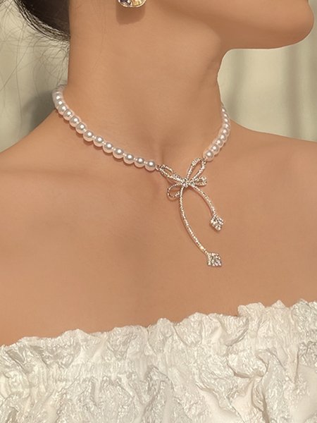 

Rhinestone Bow Elegant Imitation Pearls Necklace, As picture, Necklaces