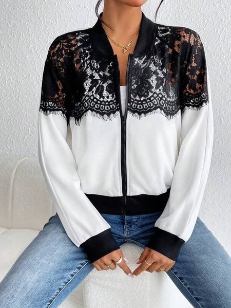 

V Neck Loose Casual Lace Jacket, Black-white, Jackets