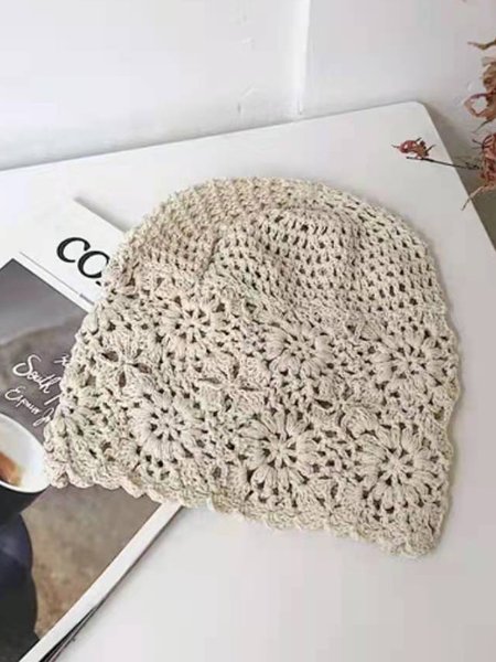 

Flower Hollow Out Boho Handmade Knitted Beanie Hat, Beige, Hats