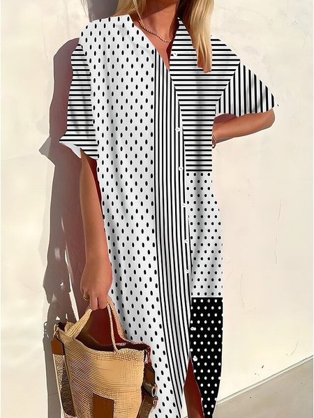 

Geometric Loose Casual V Neck Dress, Black-white, Dresses