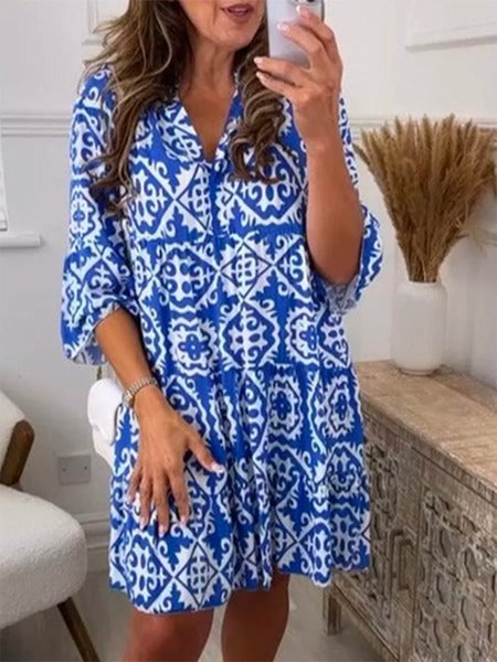 

Buttoned Geometric Elegant Blue 3/4 Sleeve Print Mini Dress, Mini Dresses