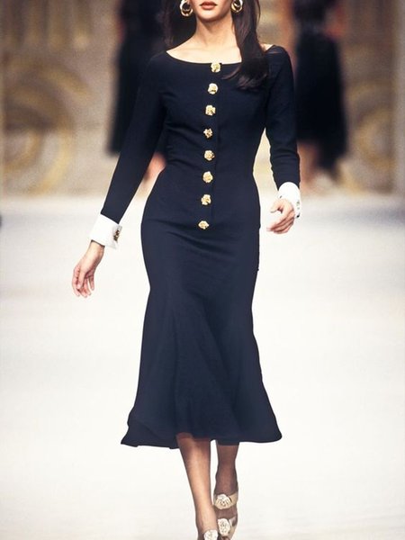 

Elegant Crew Neck Regular Fit Buttoned Dress, Purplish blue, Midi Dresses