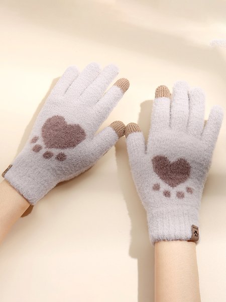 

Cat Paw Heart Shape Cute Furry Warm Gloves, Gray, Women Gloves