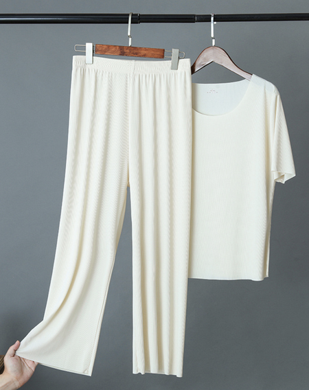 

Crew Neck Casual Plain Two-Piece Set, Beige, loungewear