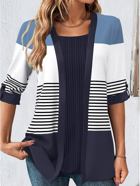 

V Neck Loose Casual Striped Kimono, Stripe, Cardigans