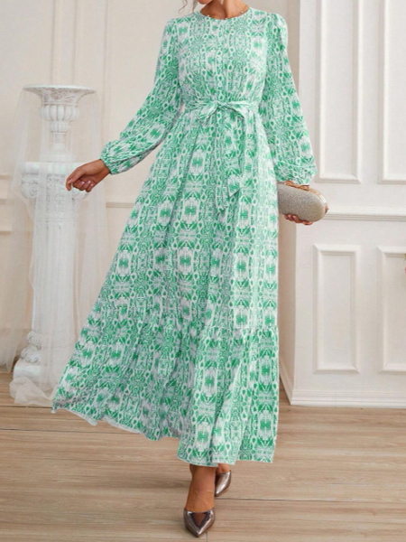 

Women Floral Pattern Crew Neck Long Sleeve Comfy Casual Midi Dress, Aqua, Dresses