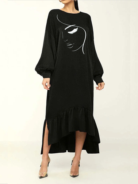 

Crew Neck Long Sleeve Elegant Loose Face Maxi Dress, Black, Midi Dresses