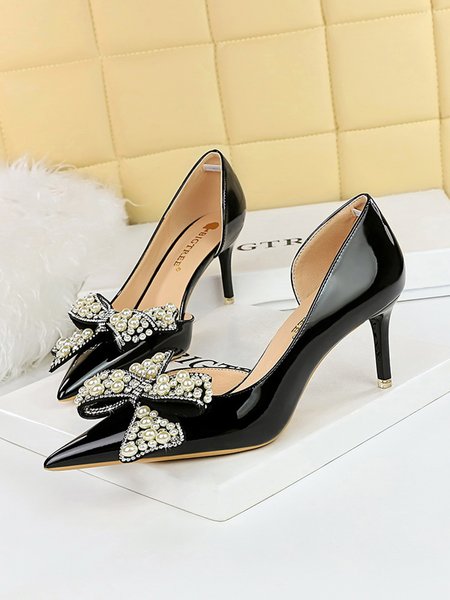 

Elegant Party Imitation Pearl Rhinestones Bow Stiletto Heel Side Cut Pumps, Black, Heels