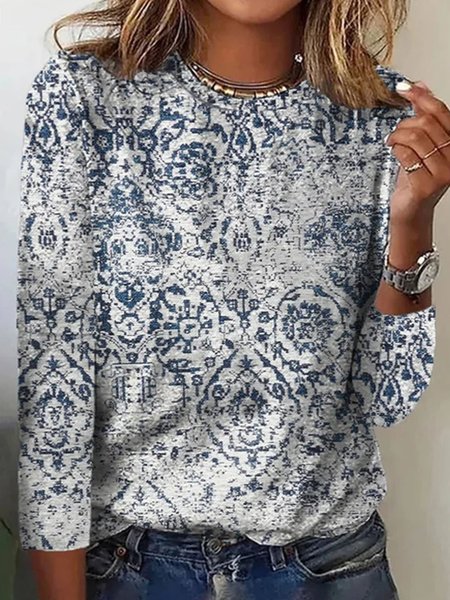 

Plus Size Crew Neck Ethnic Jersey Casual T-Shirt, Blue, Long sleeves