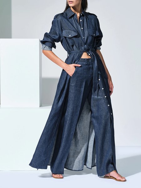 

Long Sleeve Shirt Collar Casual Faux Denim Dress, Blue, Maxi Dresses