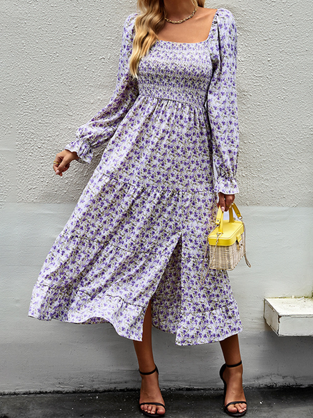 

Women Small Floral Square Neck Long Sleeve Comfy Casual Maxi Dress, Purple, Midi
