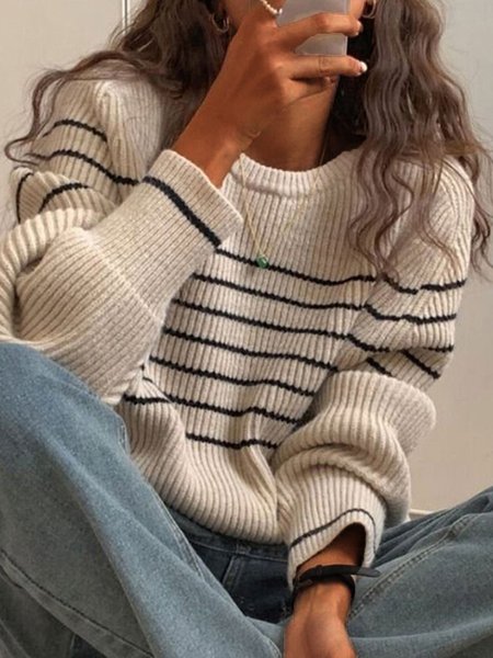 

Casual Striped Loose Crew Neck Sweater, Light gray, Sweaters