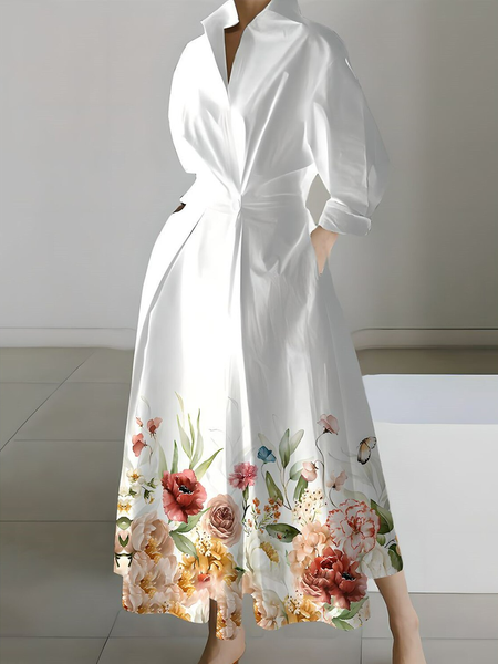 

Regular Fit Casual Floral Shirt Collar Dress, White, Dresses
