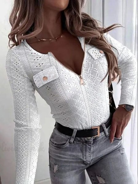 

Tight Casual Crew Neck Plain Shirt, White, Shirts & Blouses