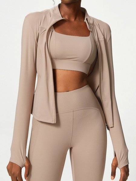 

Wrap Long Sleeve Plain Zipper Regular Micro-Elasticity Tight Jacket For Women, Apricot, Jackets