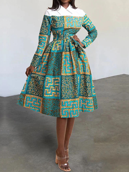 

Regular Fit Long Sleeve Elegant Ethnic Geometry Midi Dress With Belt, Green, Midi Dresses