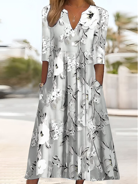 

Loose Casual V Neck Floral Dress, Gray, Dresses