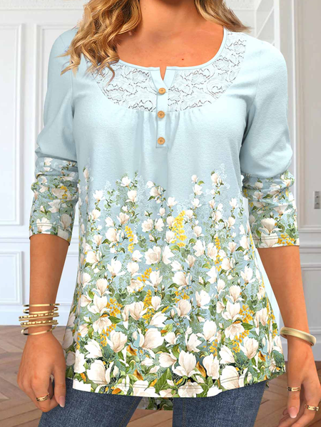 Lace Crew Neck Regular Fit Casual Shirt, Light blue, Shirts & Blouses