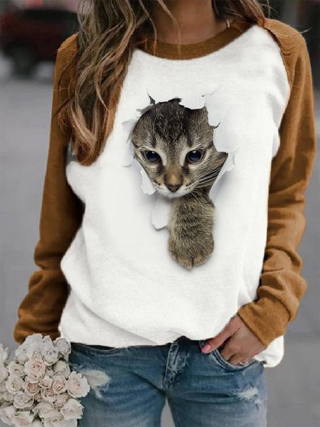 

Loose Crew Neck Casual Cat Sweatshirt, Brown, Sweatshirts & Hoodies