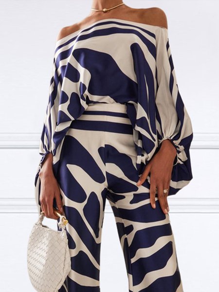 Geometric Print Urban Boat Neck Blouse, Blue, Blouses and Shirts