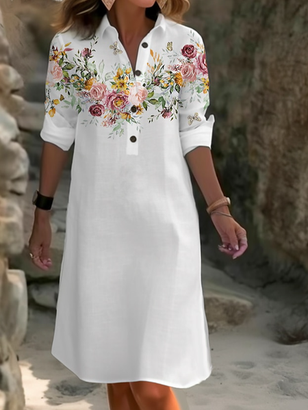 

Floral Casual Shirt Collar Dress, White, Dresses